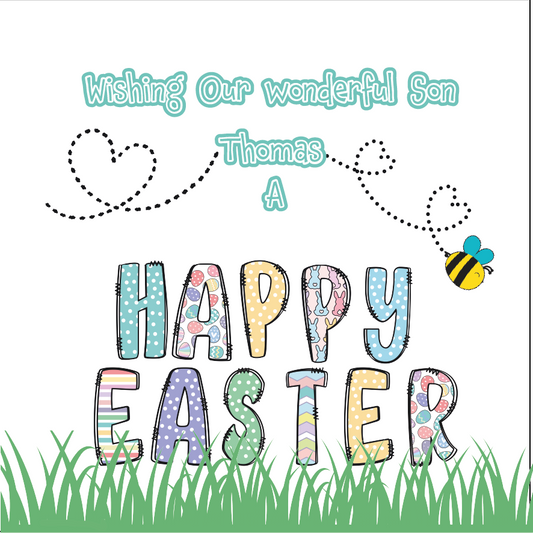 Easter Card with the words Happy Easter made from bright coloured easter themed letters. with a personalised easter message. Can be Personalised for name and Relation