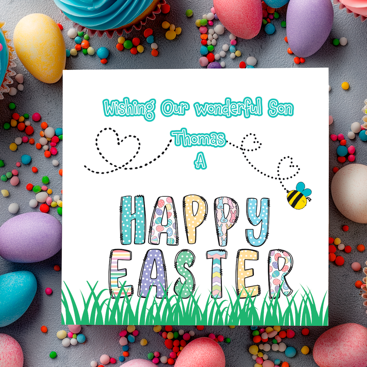 Easter Card with the words Happy Easter made from bright coloured easter themed letters. with a personalised easter message. Can be Personalised for name and Relation