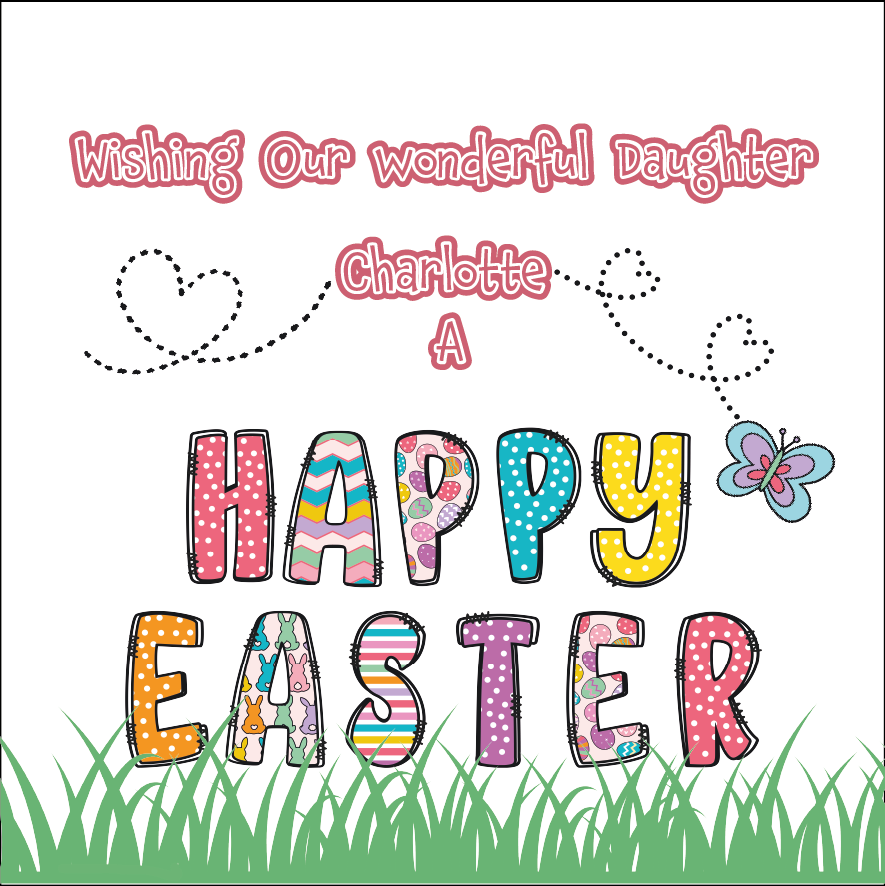 Happy Easter card with colorful text and decorative elements on a white background. Can be personalised for name and relation