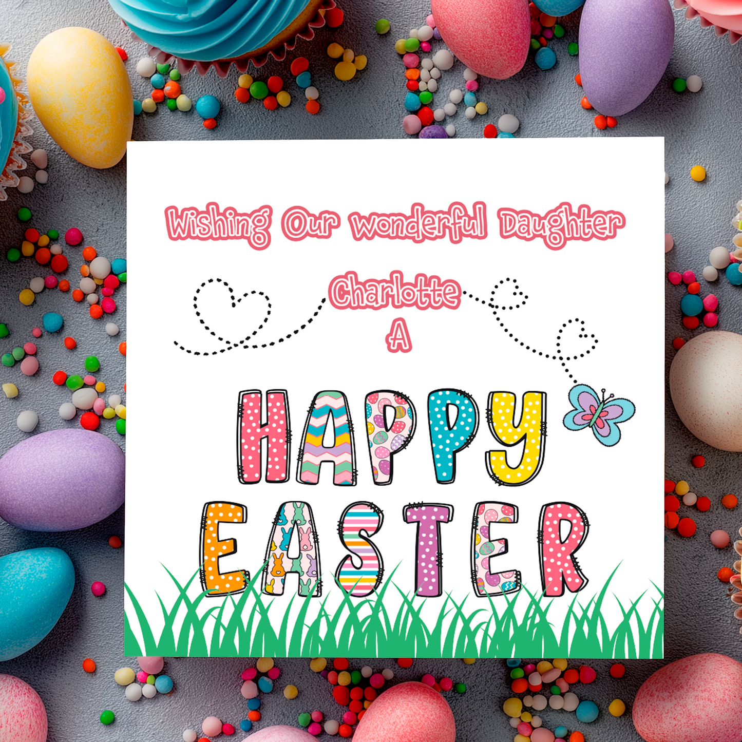 Happy Easter card with colorful text and decorative elements on a white background. Can be personalised for name and relation