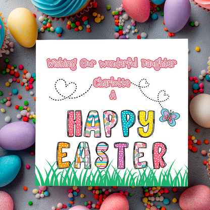 Happy Easter card with colorful text and decorative elements on a white background. Can be personalised for name and relation