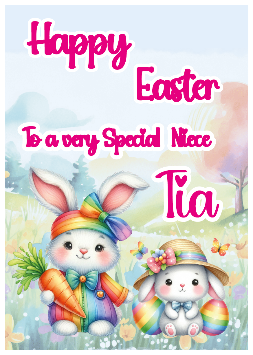 Happy Easter card with two colorful bunnies holding carrots and flowers, with text 'Happy Easter To a very Special Niece Tia'. Can be personalised with name and relation