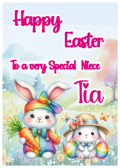 Happy Easter card with two colorful bunnies holding carrots and flowers, with text 'Happy Easter To a very Special Niece Tia'. Can be personalised with name and relation