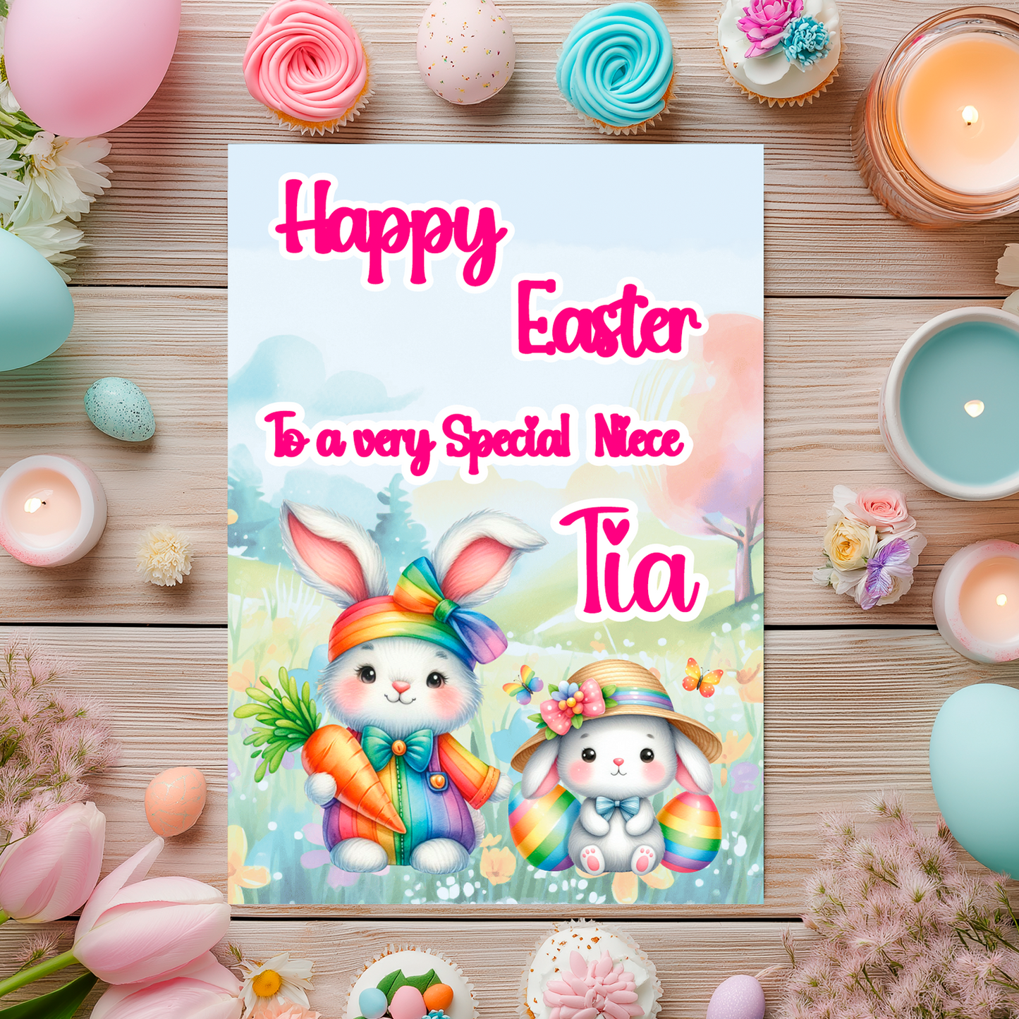 Easter Card with an illustration of two colourful easter bunnies with carrots and easter eggs and a colorful countryside background. Can be personalised with Name and relation