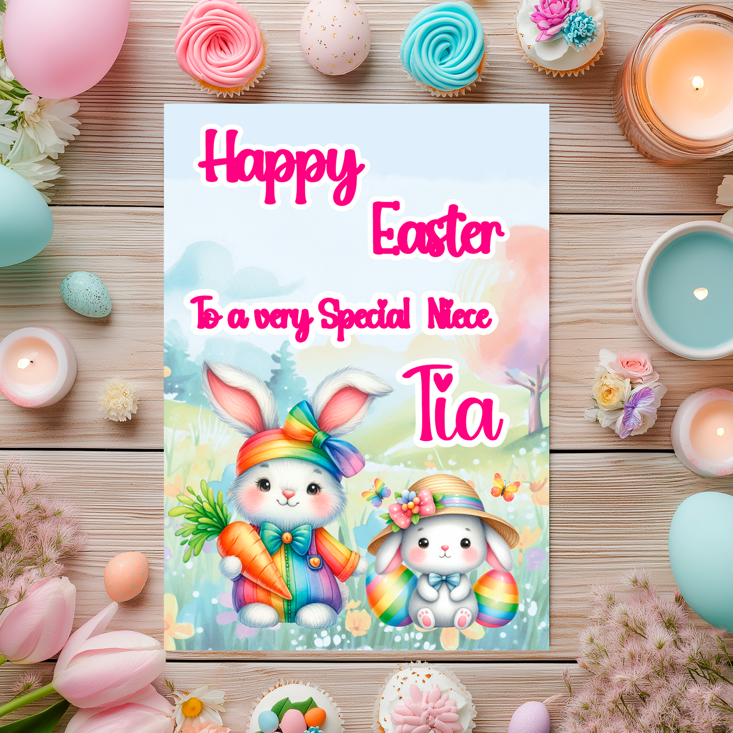 Easter Card with an illustration of two colourful easter bunnies with carrots and easter eggs and a colorful countryside background. Can be personalised with Name and relation