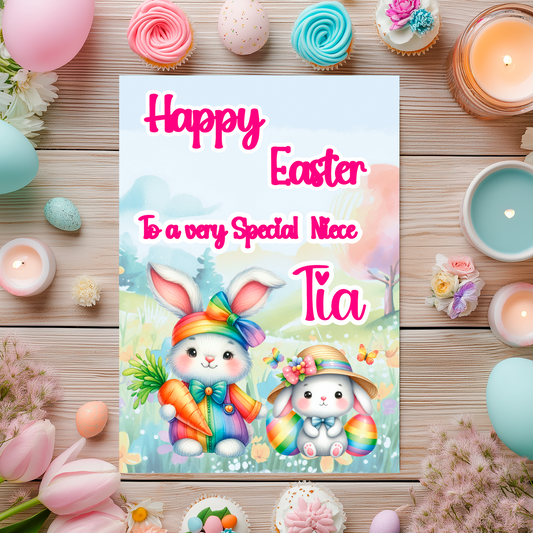 Easter Card with an illustration of two colourful easter bunnies with carrots and easter eggs and a colorful countryside background. Can be personalised with Name and relation