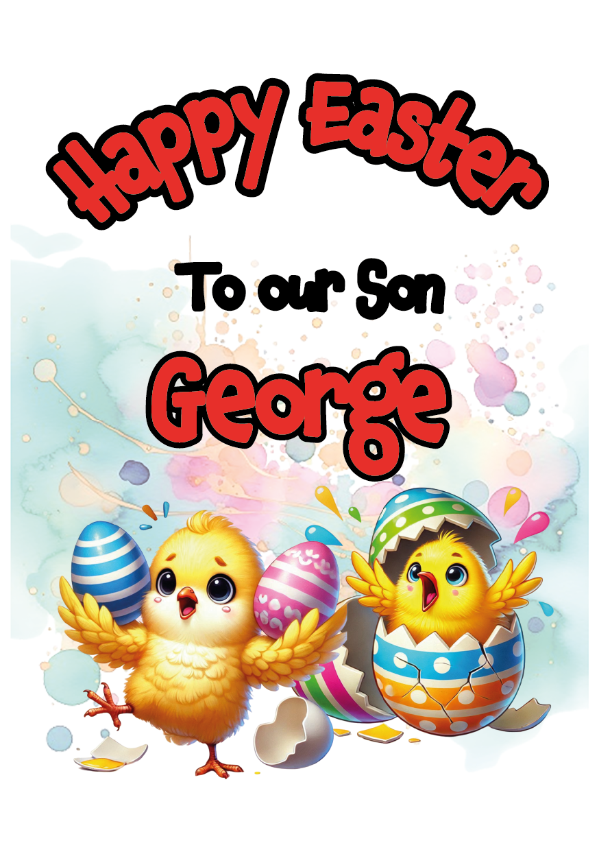 Easter Card  with an illustration of two chicks and easter eggs with broken shell. Can be personalised with name and relation