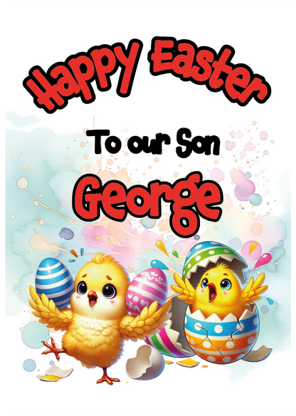 Easter Card  with an illustration of two chicks and easter eggs with broken shell. Can be personalised with name and relation