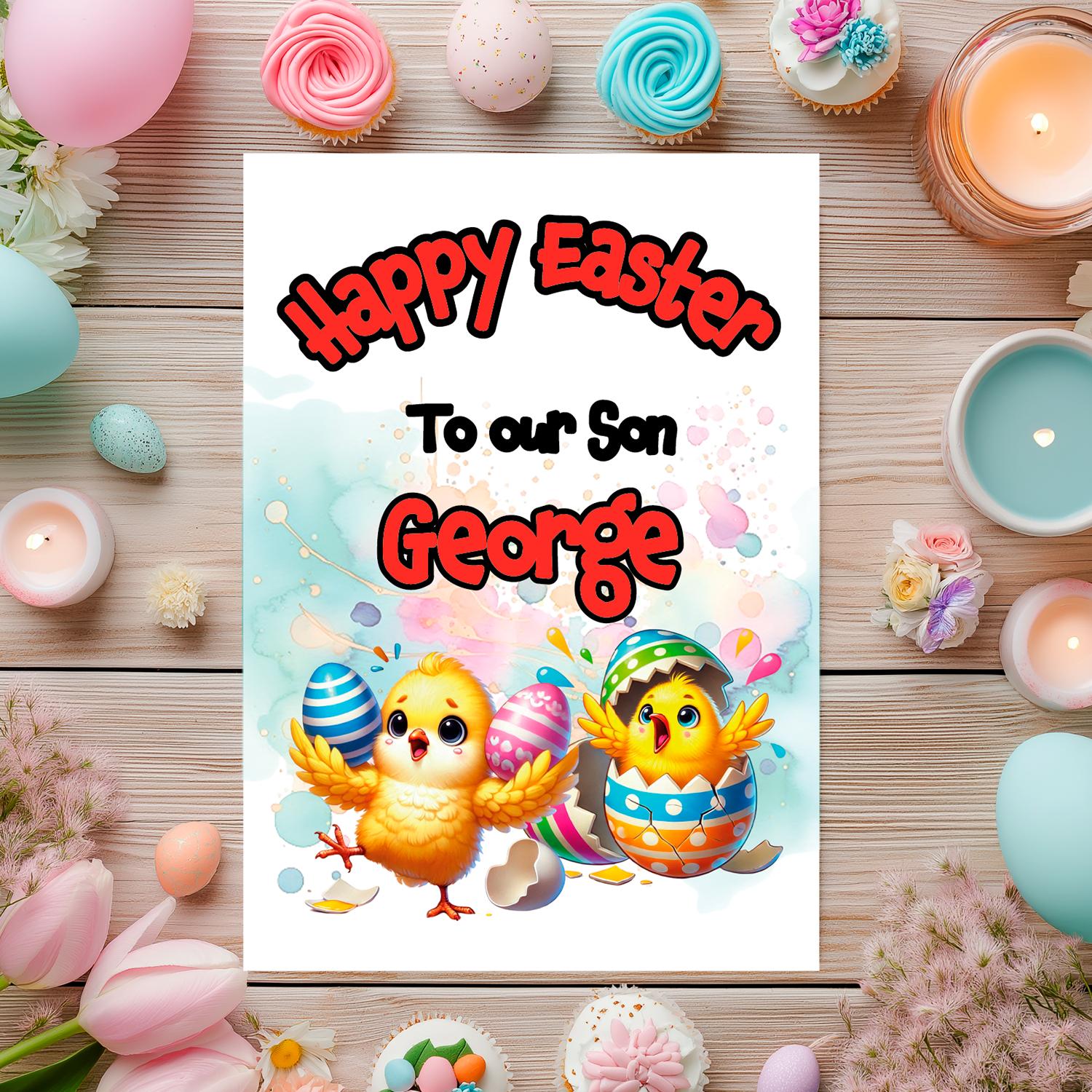 Easter Card  with an illustration of two chicks and easter eggs with broken shell. Can be personalised with name and relation