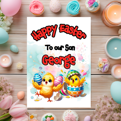 Easter Card  with an illustration of two chicks and easter eggs with broken shell. Can be personalised with name and relation