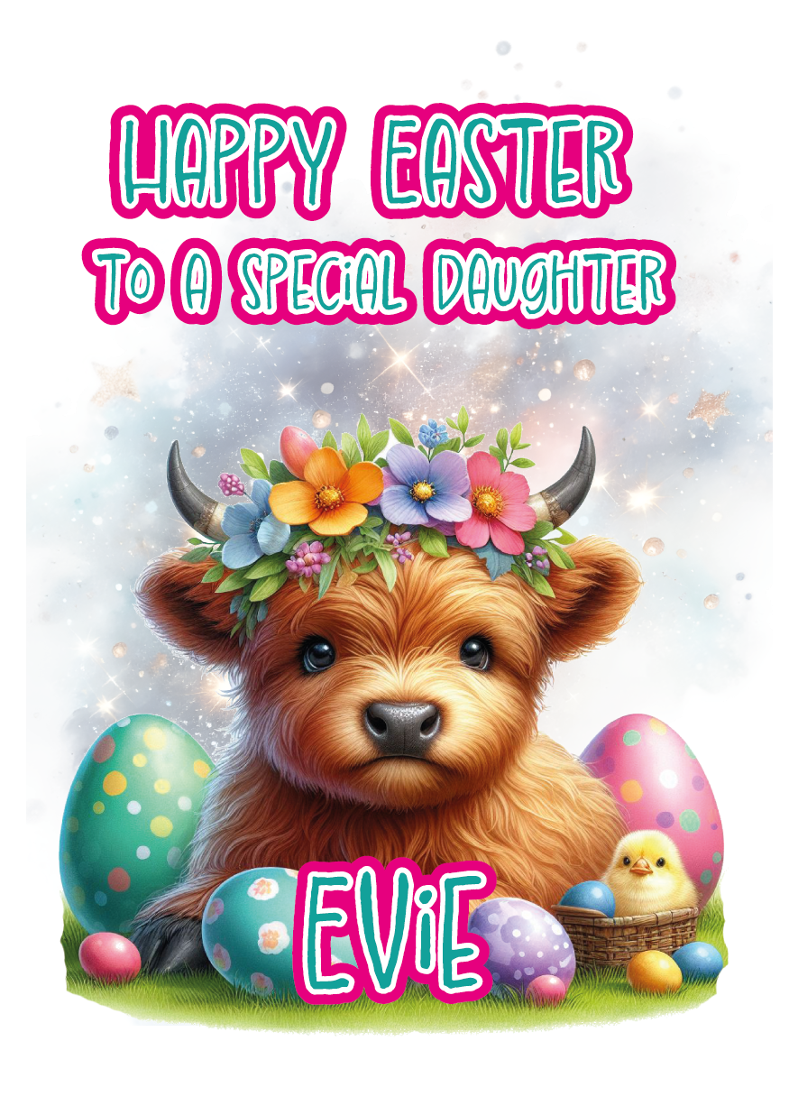 Easter Card with an illustration of a baby highland cow wearing a floral head band surrounded by easter eggs and a baby chick. Can be personalised with name and relation