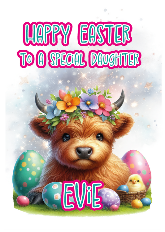 Easter Card with an illustration of a baby highland cow wearing a floral head band surrounded by easter eggs and a baby chick. Can be personalised with name and relation