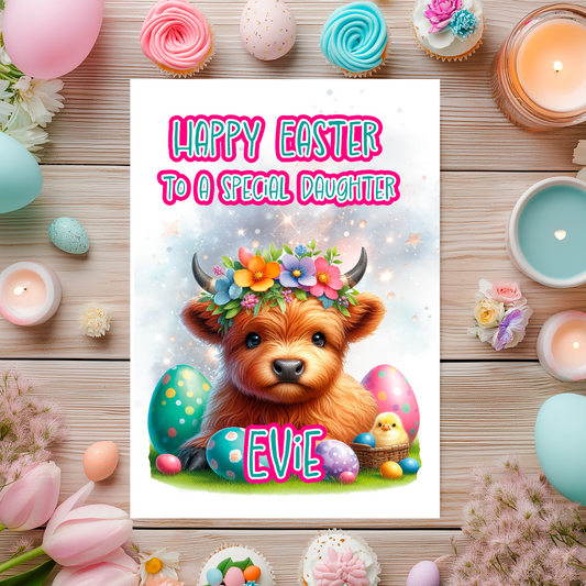 Easter Card with an illustration of a baby highland cow wearing a floral head band surrounded by easter eggs and a baby chick. Can be personalised with name and relation