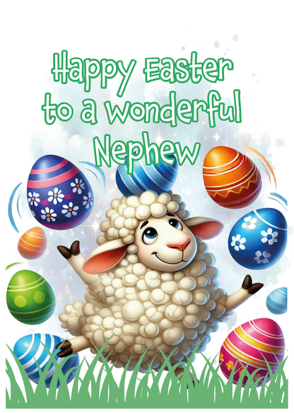 Easter Card with an illustration of a lamb juggling easter eggs with a personalised easter message. Can be personalised for name and relation