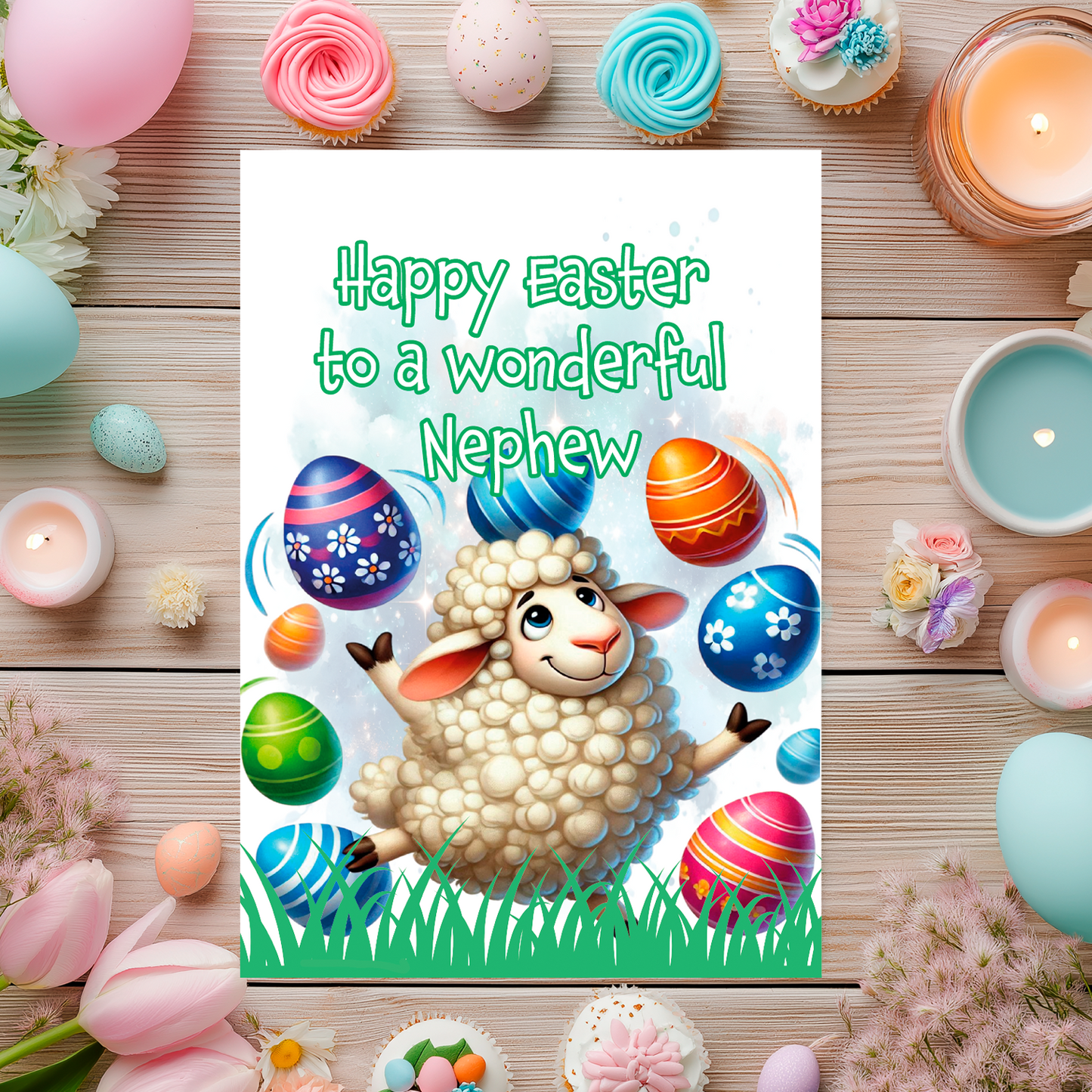 Easter Card with an illustration of a lamb juggling easter eggs with a personalised easter message. Can be personalised for name and relation