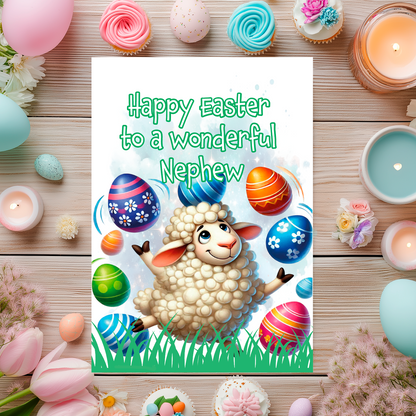 Easter Card with an illustration of a lamb juggling easter eggs with a personalised easter message. Can be personalised for name and relation