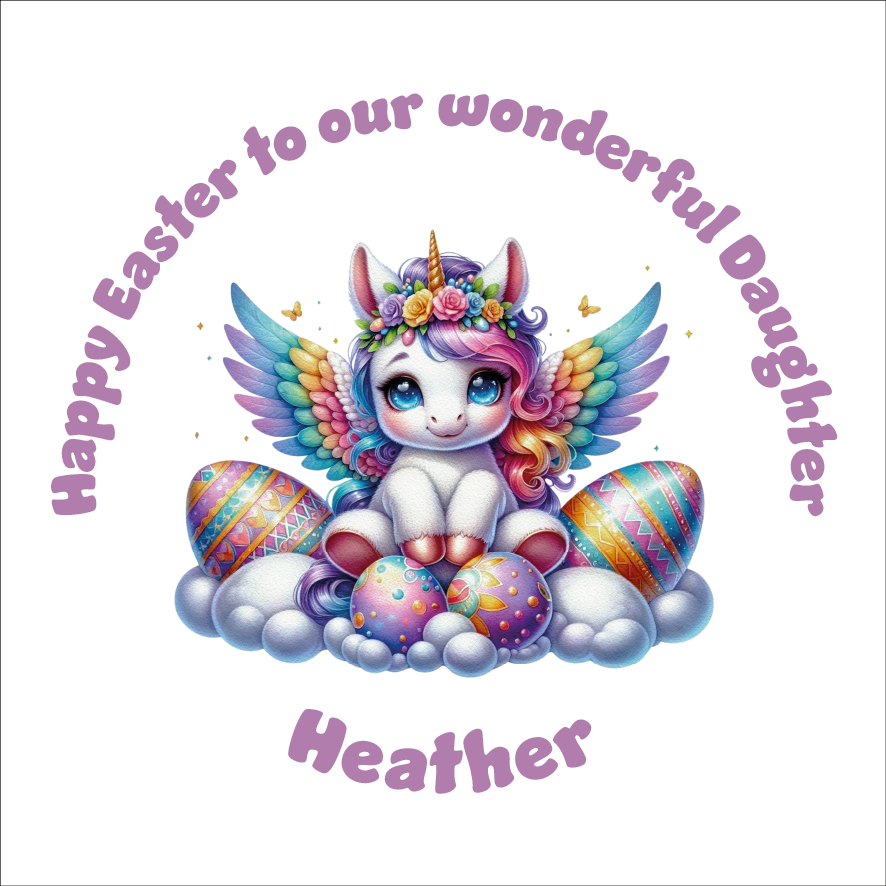 Easter Card with an illustration of a colourful unicorn surrounded by colourful easter eggs with a personalised easter message. Can be personalised for name and relation