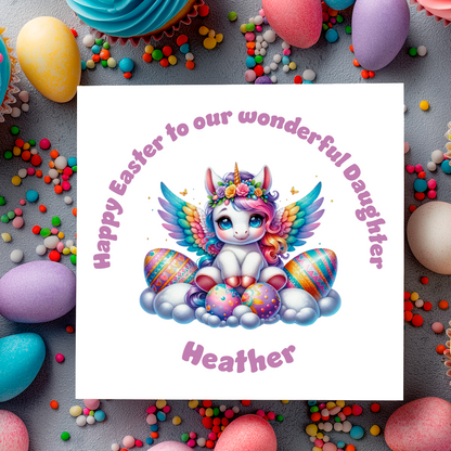 Easter Card with an illustration of a colourful unicorn surrounded by colourful easter eggs with a personalised easter message. Can be personalised for name and relation