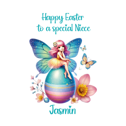 Easter Card with an illustration of a colourful fairy sat on an easter egg surrounded by flowers. With a message that can be personalised for name and relation