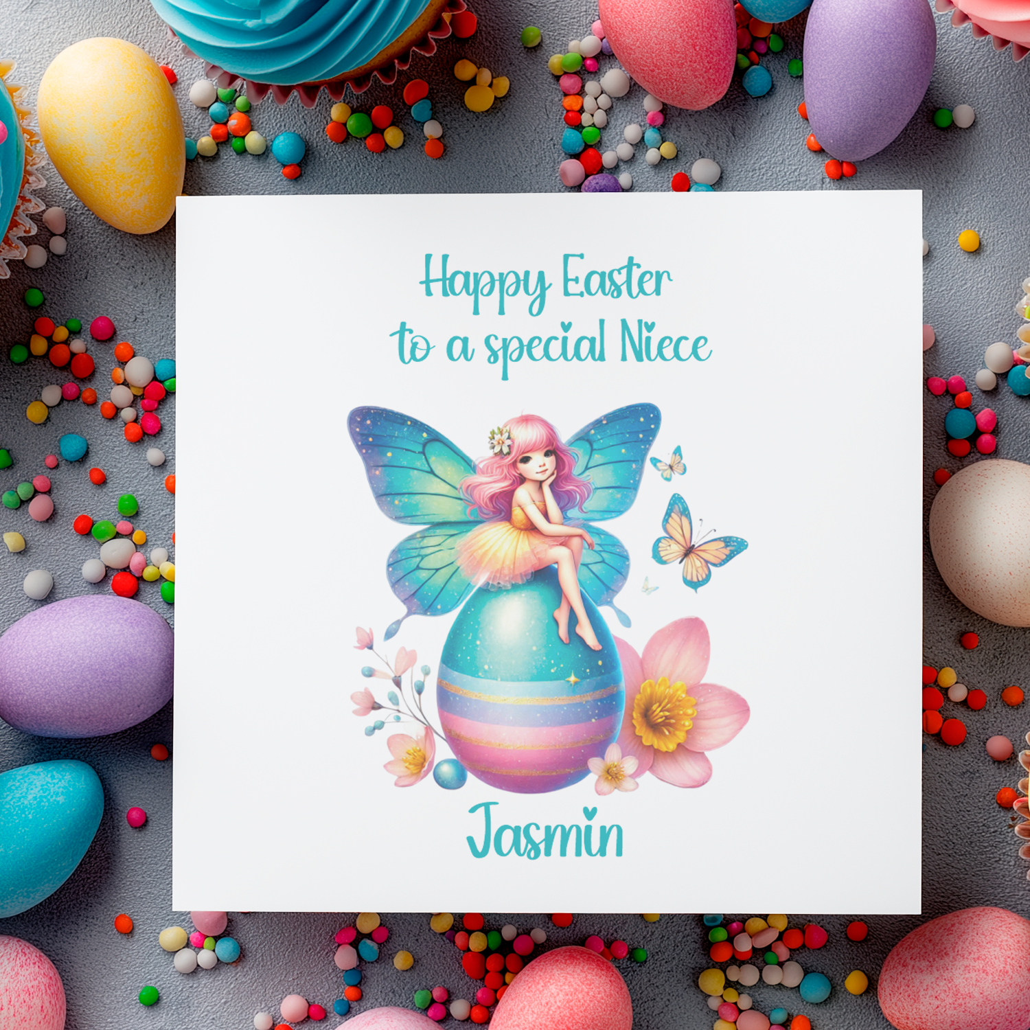 Easter Card with an illustration of a colourful fairy sat on an easter egg surrounded by flowers. With a message that can be personalised for name and relation