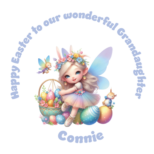 Easter Card with a colourful illustration of a fairy with a basket of easter eggs and a personalised message. Can be personalised with name and relation