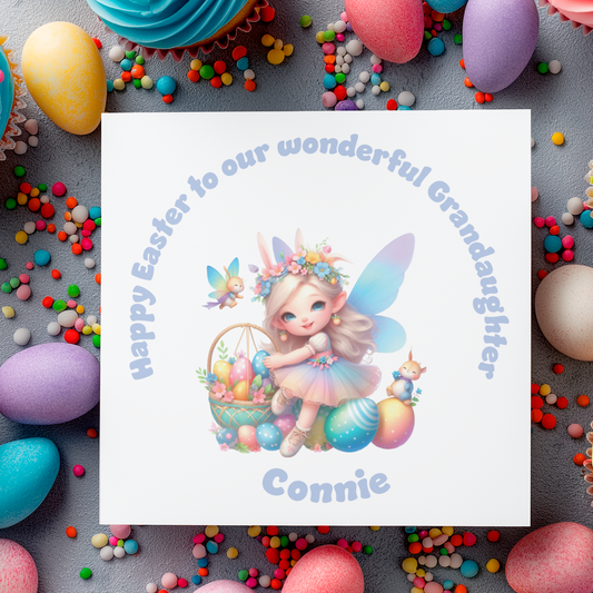 Easter Card with a colourful illustration of a fairy with a basket of easter eggs and a personalised message. Can be personalised with name and relation
