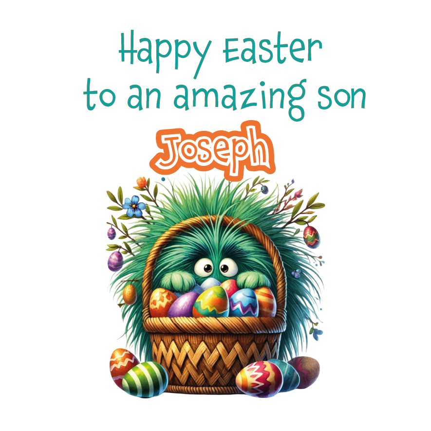 An Easter Card with an illustration of a green fluffy monster hiding behind a basket of colourful easter eggs with a personalised easter message. Can be personalised for name and relation