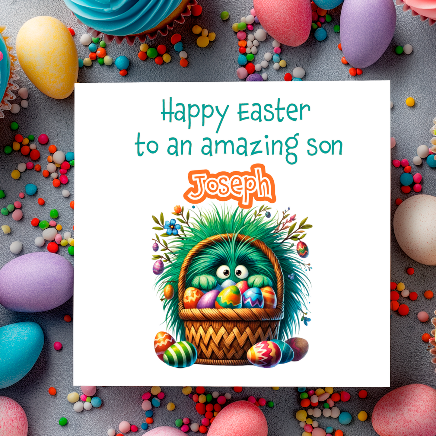 An Easter Card with an illustration of a green fluffy monster hiding behind a basket of colourful easter eggs with a personalised easter message. Can be personalised for name and relation