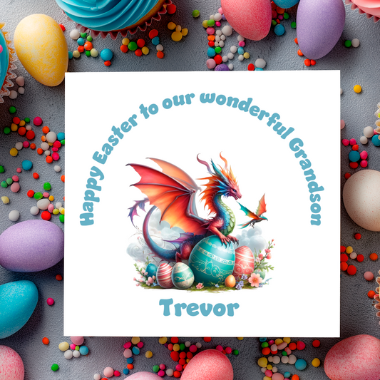Easter card with an illustration of a dragon surrounded by easter eggs with a personalised easter message. Can be personalised for name and relation