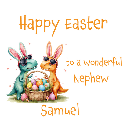 Easter card with an illustration of two dinosaurs wearing sunglasses with a basket of easter eggs . With a personalised message which can be personalised for name and relation