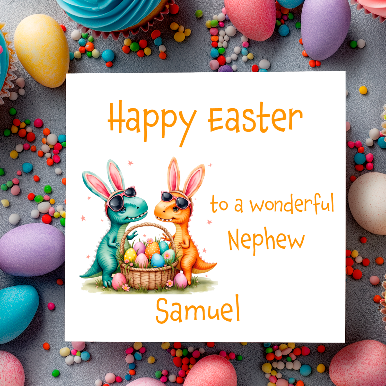 Easter card with an illustration of two dinosaurs wearing sunglasses with a basket of easter eggs . With a personalised message which can be personalised for name and relation