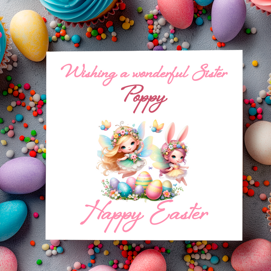 Easter Card with an illustration of two fairies with butterflies and easter eggs. with a personalised easter message. Can be personalised for name and relation