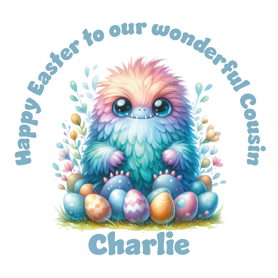 An easter card with an illustration of a colourful monster surrounded by easter eggs with a personalised easter message. Can be personalised for name and relation
