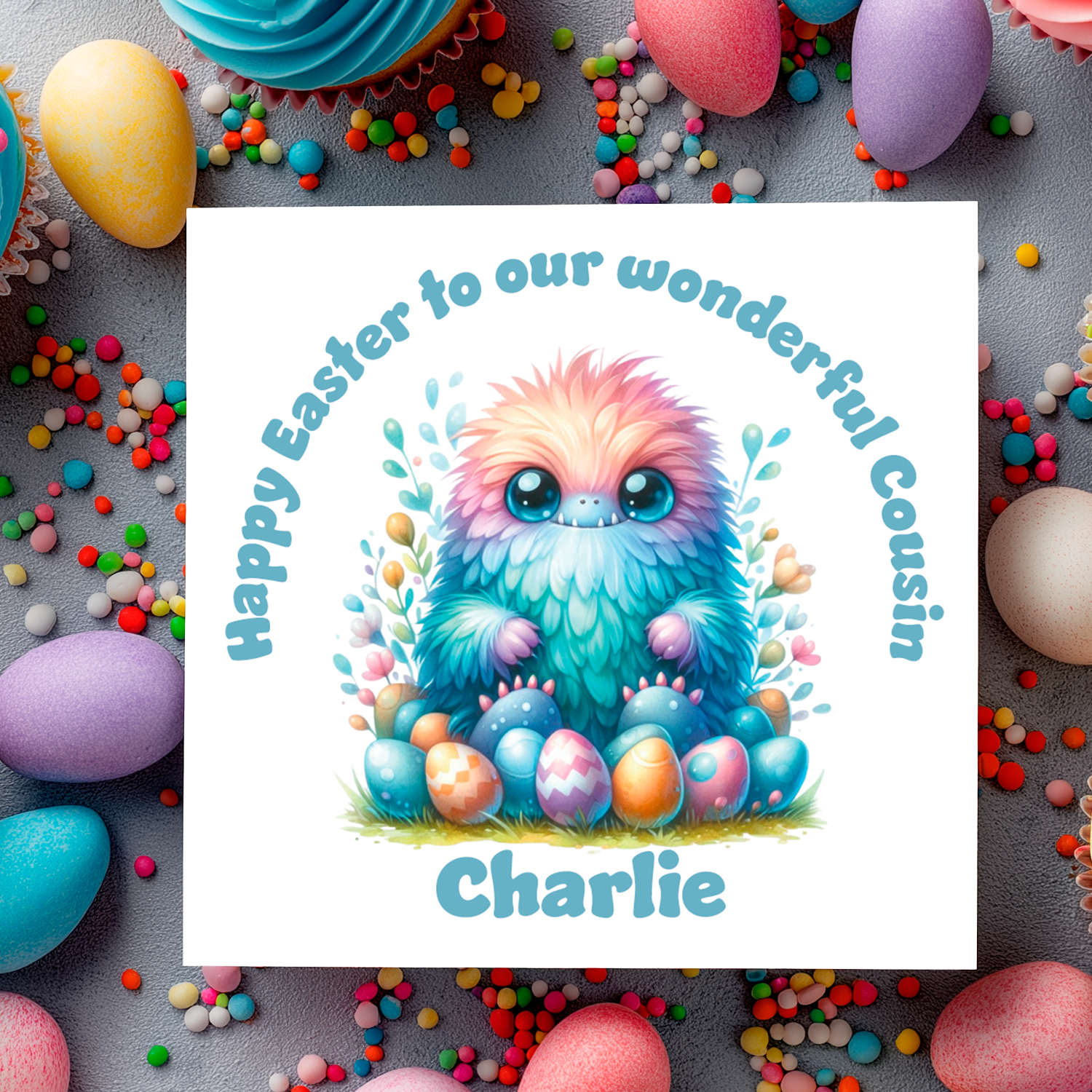 An easter card with an illustration of a colourful monster surrounded by easter eggs with a personalised easter message. Can be personalised for name and relation