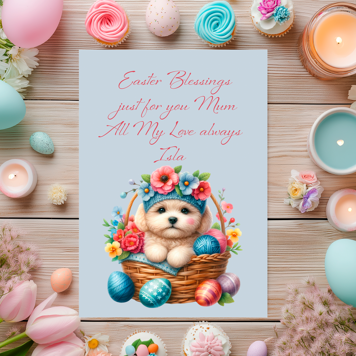 Easter-themed card with a dog in a basket surrounded by eggs and flowers, placed on a wooden surface with Easter decorations. Can be personalised for name and relation.
