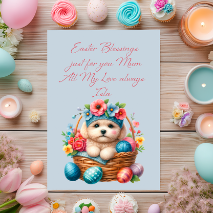 Easter-themed card with a dog in a basket surrounded by eggs and flowers, placed on a wooden surface with Easter decorations. Can be personalised for name and relation.