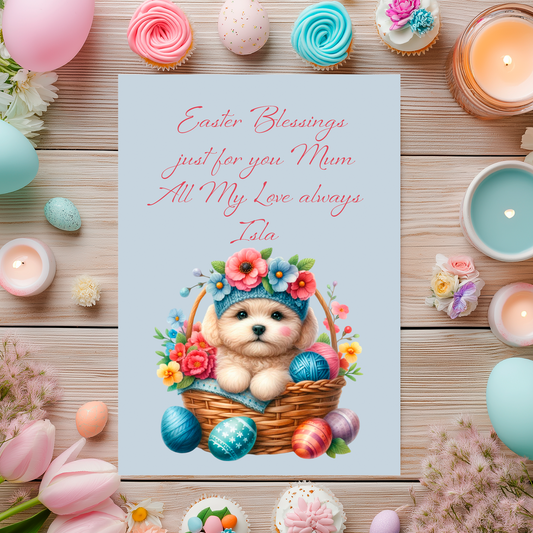 Easter-themed card with a dog in a basket surrounded by eggs and flowers, placed on a wooden surface with Easter decorations. Can be personalised for name and relation.