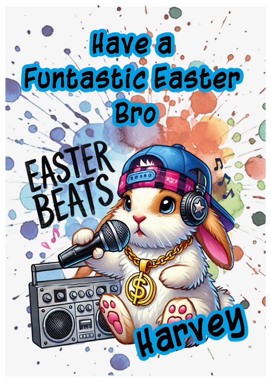 Cartoon rabbit with headphones and boombox, text 'Have a Funtastic Easter Bro, Easter Beats Harvey' on colorful background. Can be personalised for name and relation.