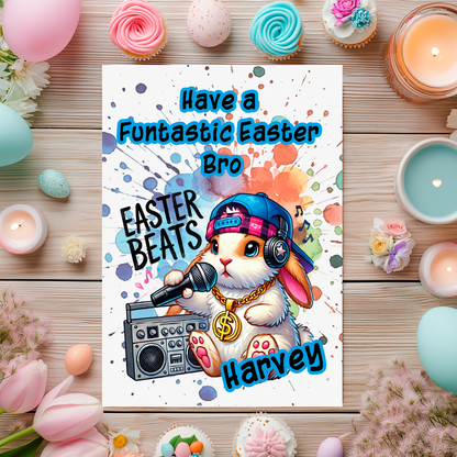 Easter-themed card with a rabbit character, Easter eggs, and flowers on a wooden surface. Can be personalised for name and relation.