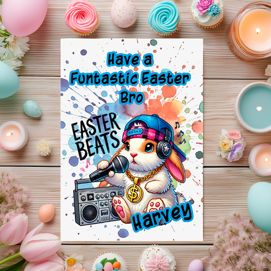 Easter-themed card with a rabbit character, Easter eggs, and flowers on a wooden surface. Can be personalised for name and relation.
