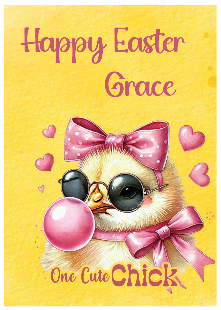 Easter card with a chick wearing sunglasses and a pink bow, on a yellow background.