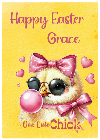 Easter card with a chick wearing sunglasses and a pink bow, on a yellow background.