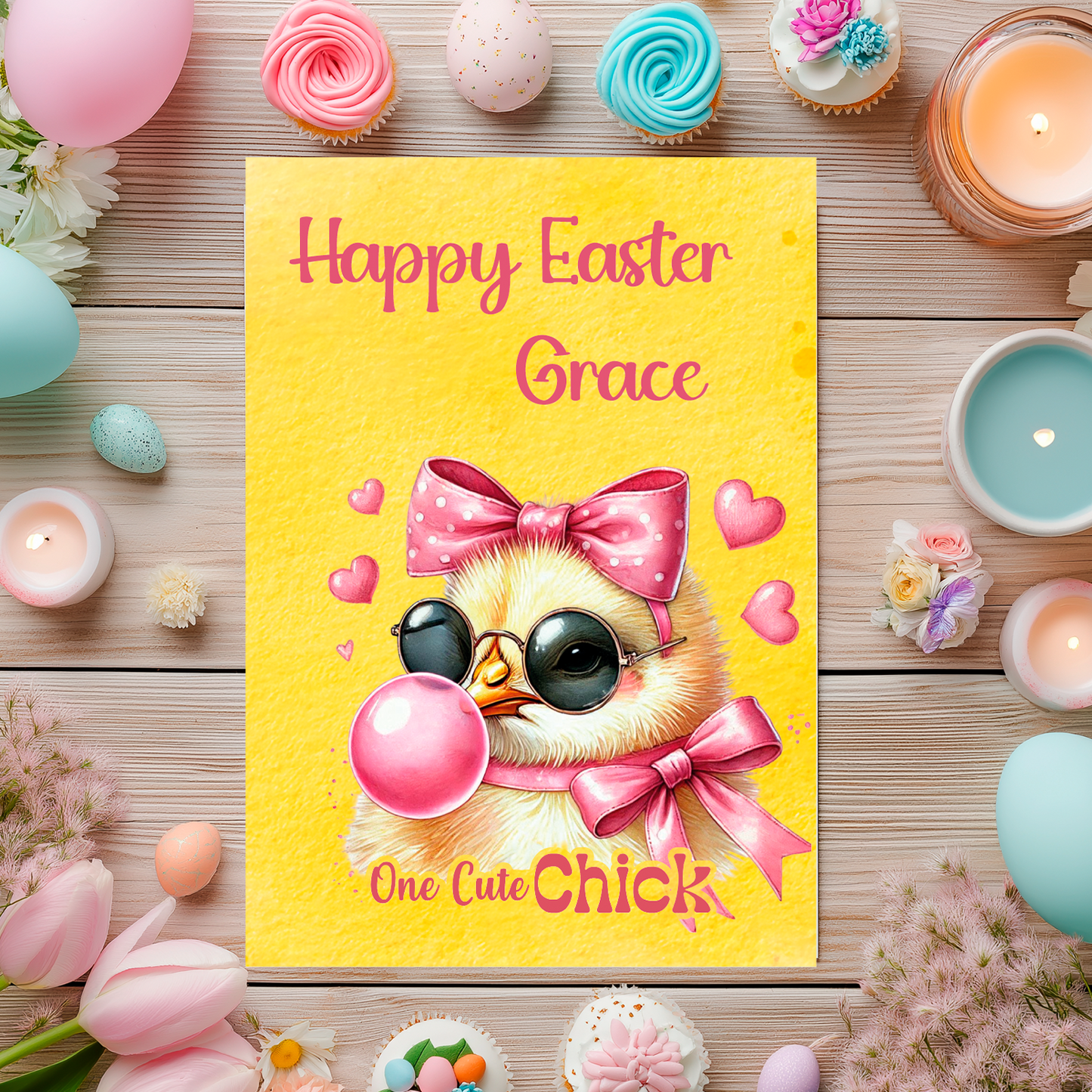 Happy Easter card with a chick wearing sunglasses and a pink bow, surrounded by Easter decorations on a wooden table. Can be personalised for name and relation.