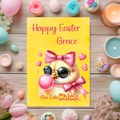 Happy Easter card with a chick wearing sunglasses and a pink bow, surrounded by Easter decorations on a wooden table. Can be personalised for name and relation.