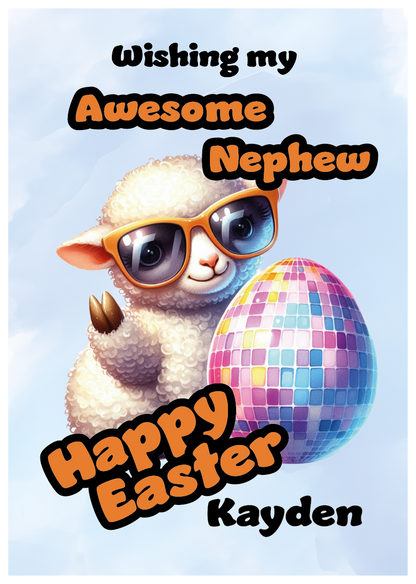 Easter card with a cartoon lamb wearing sunglasses and holding a disco ball, wishing 'Happy Easter' to 'Kayden'. Can be personalised for name and relation.