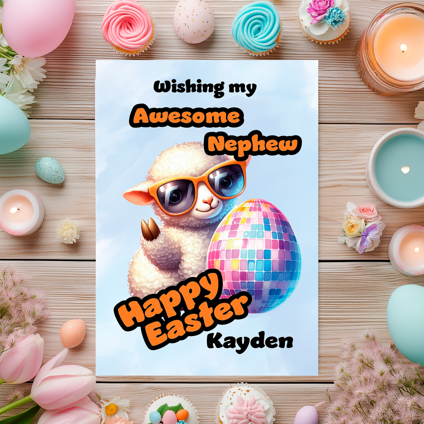 Easter card with a lamb and egg, surrounded by Easter decorations on a wooden surface. Can be personalised for name and relation.