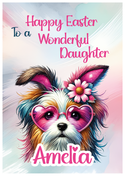 Colorful Easter card with a dog wearing sunglasses and flowers, text 'Happy Easter To a Wonderful Daughter Amelia' on a pastel background. Can be personalised for name and relation.
