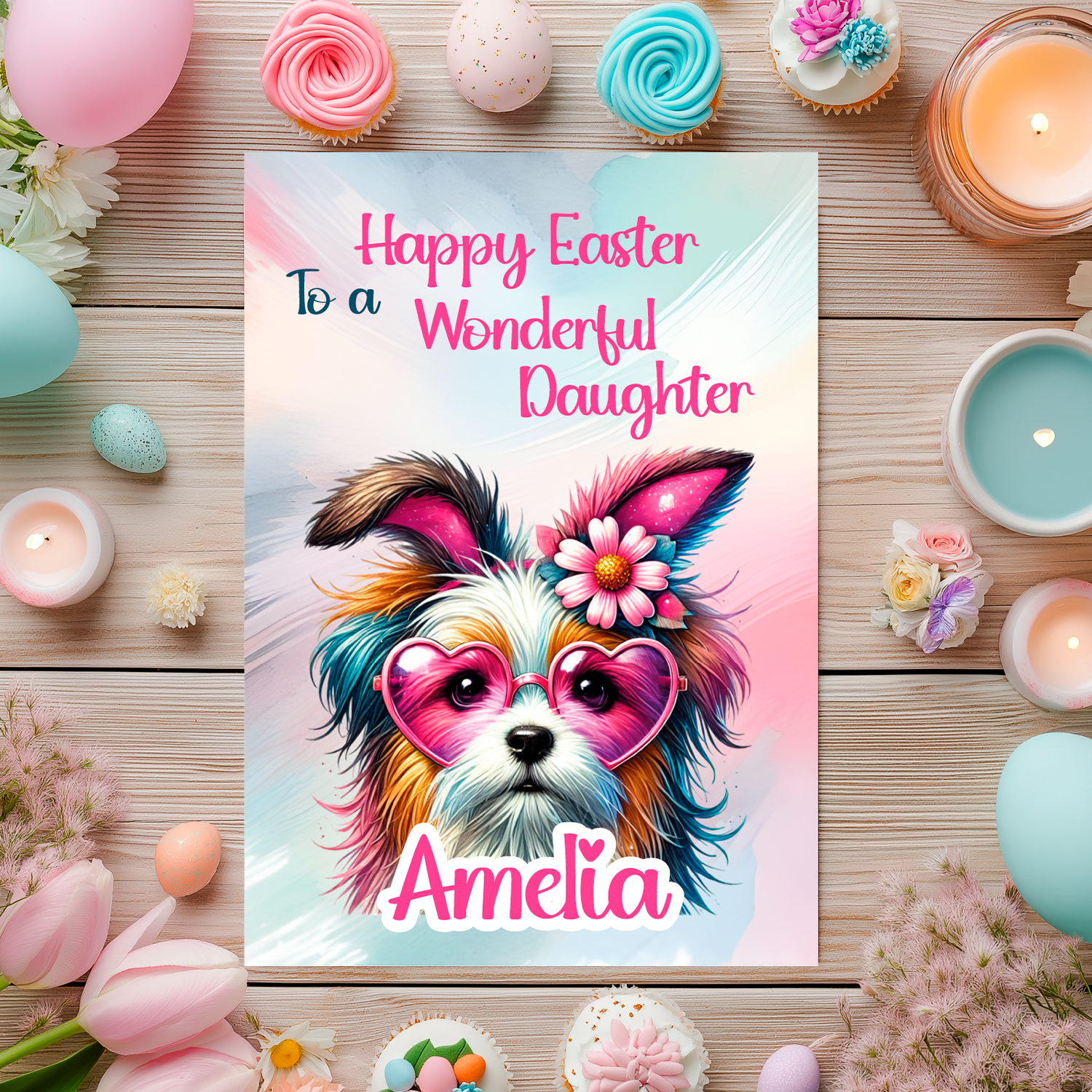 Happy Easter card with a colorful dog illustration and decorative elements on a wooden background. Can be personalised for name and relation.