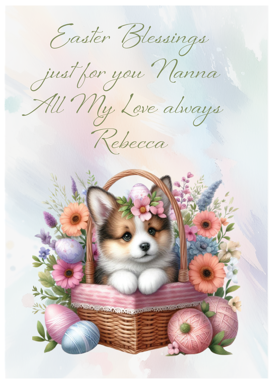 Easter card with a puppy in a basket surrounded by flowers and eggs, featuring personalized text. Can be personalised for name and relation.