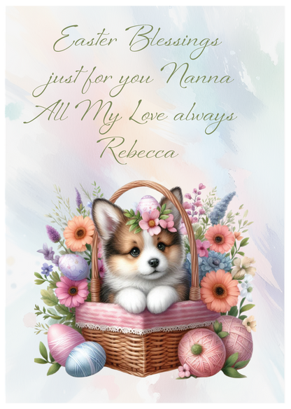 Easter card with a puppy in a basket surrounded by flowers and eggs, featuring personalized text. Can be personalised for name and relation.